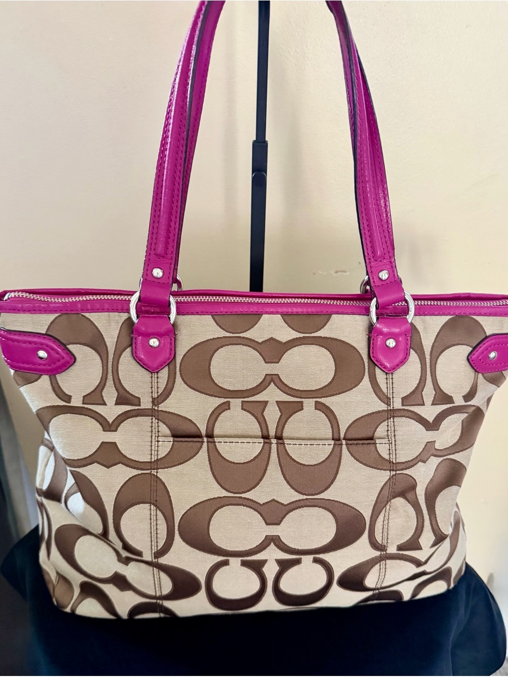 Coach Signature Canvas Tote with Fuchsia Trim - Picture 2 of 7